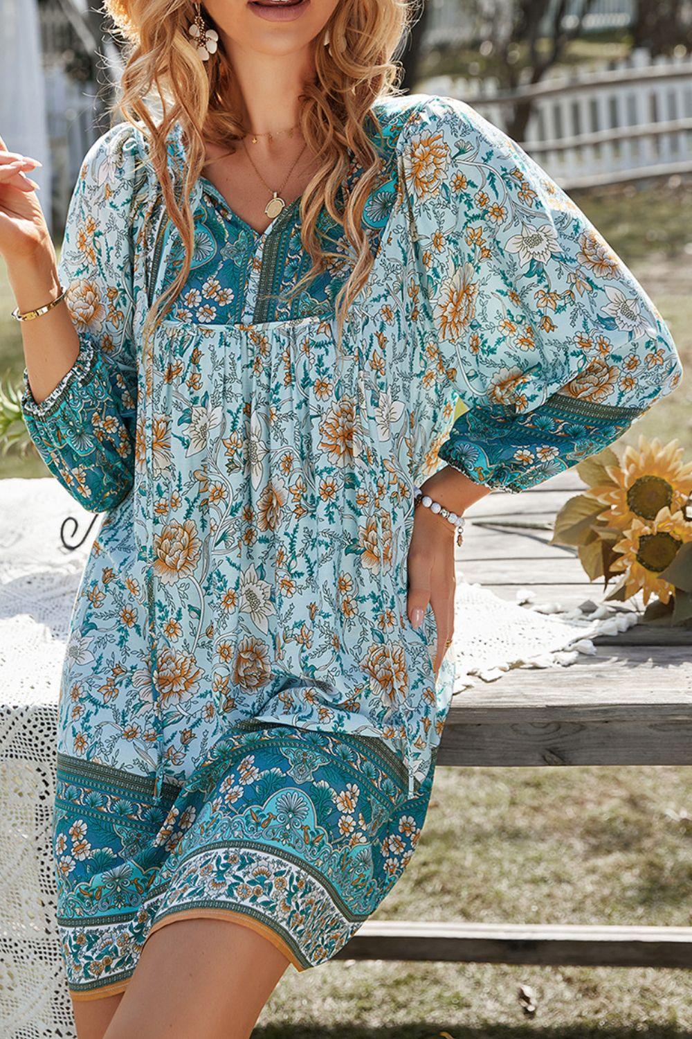 Devine Printed Tie Neck Mini Dress - Clothes For Her Online Store