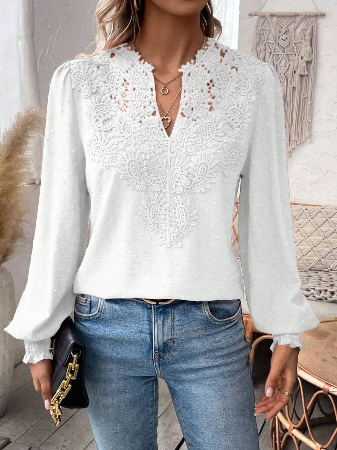 Swiss Dot Lace Detail Notched Long Sleeve Blouse - Clothes For Her Online Store