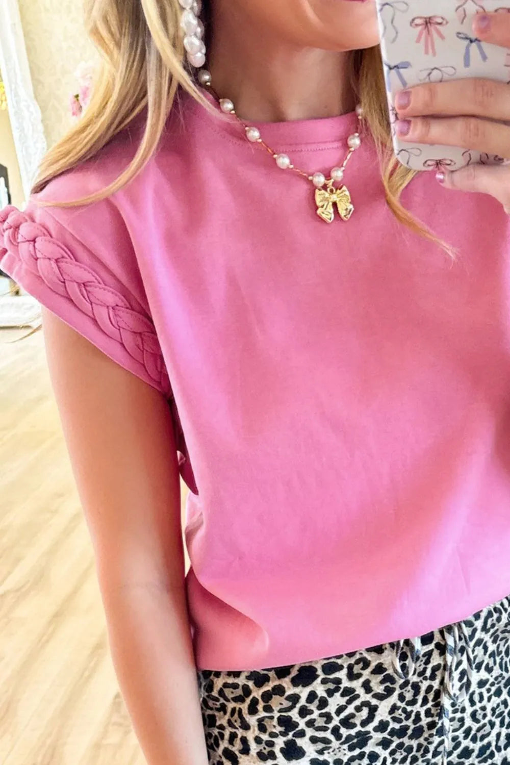 Braided Cap Sleeve Crew Neck T Shirt