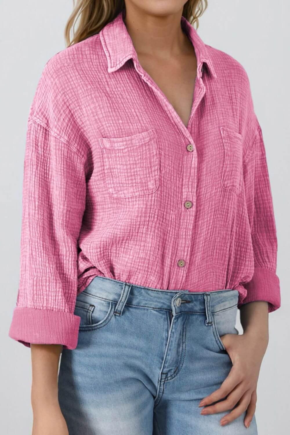 Button Down Collared Neck Long Sleeve Shirt - Clothes For Her Online Store