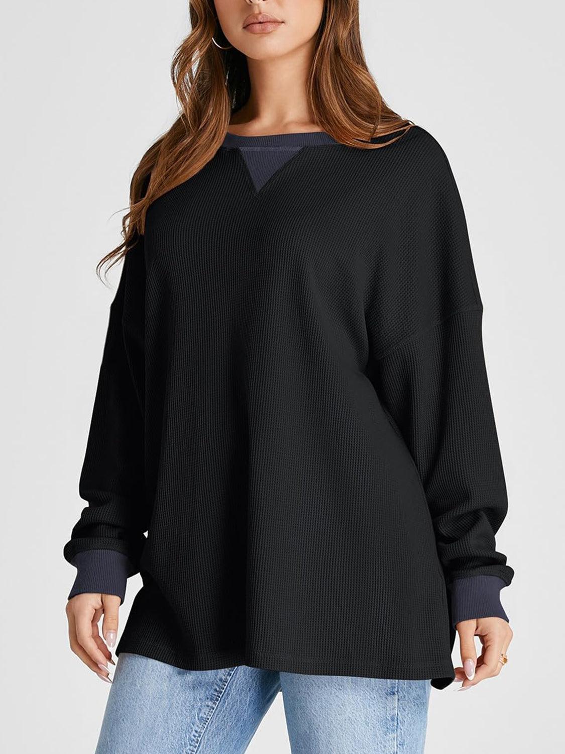 Waffle Knit Round Neck Long Sleeve T-Shirt - Clothes For Her Online Store