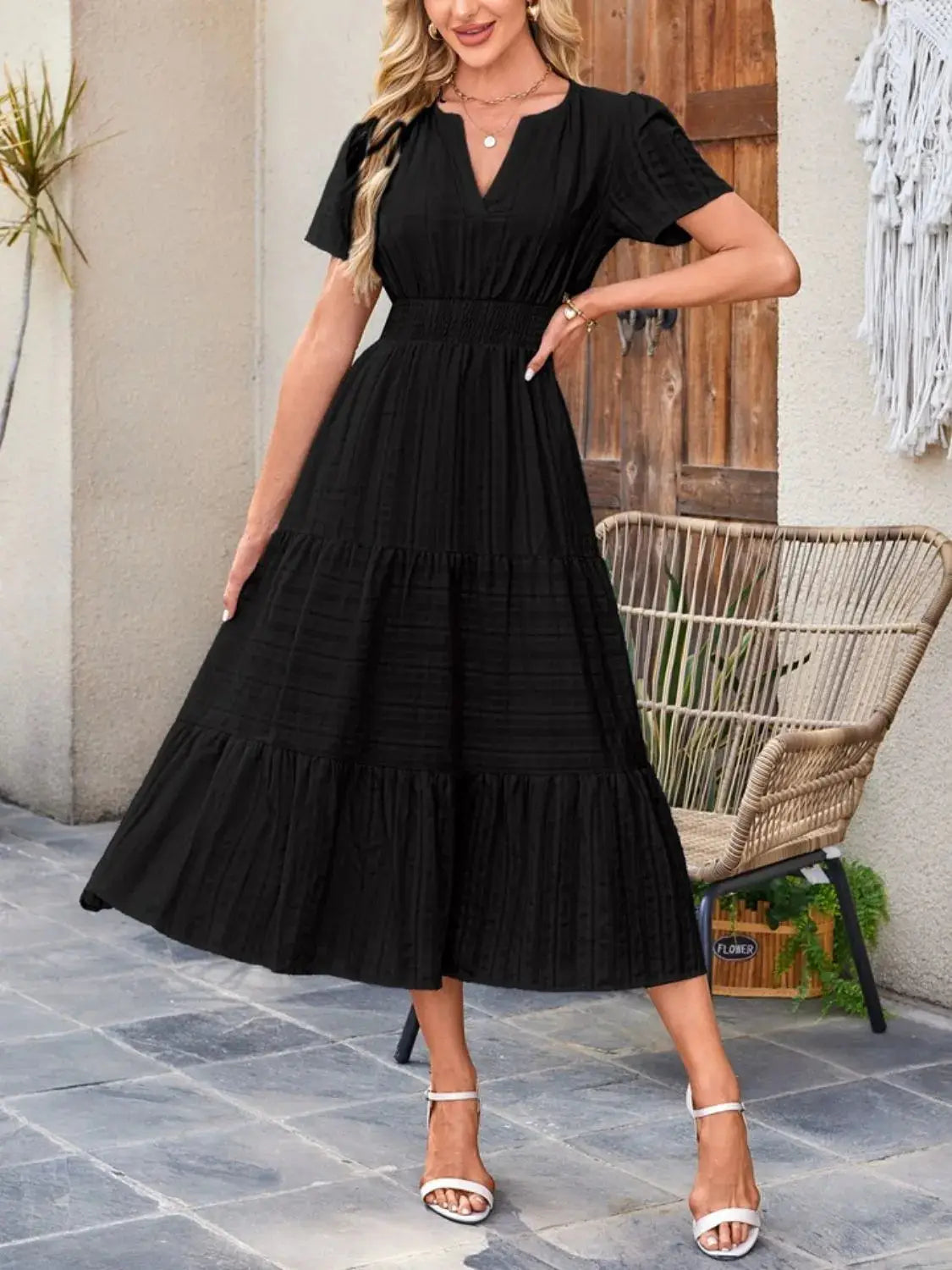 Tiered Notched Short Sleeve Dress - Clothes For Her Online Store