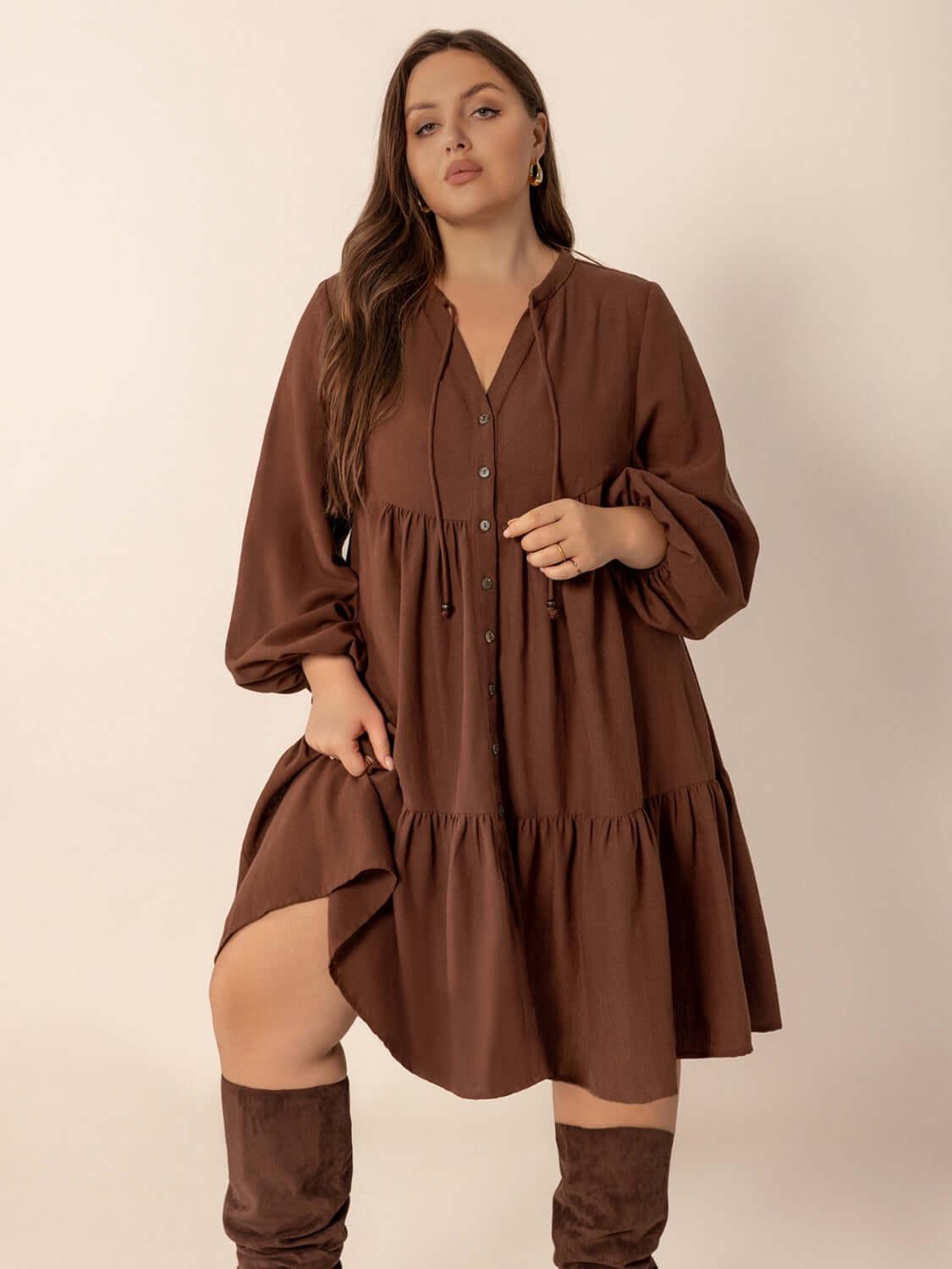 Plus Size Tie Neck Balloon Sleeve Tiered Dress - Clothes For Her Online Store