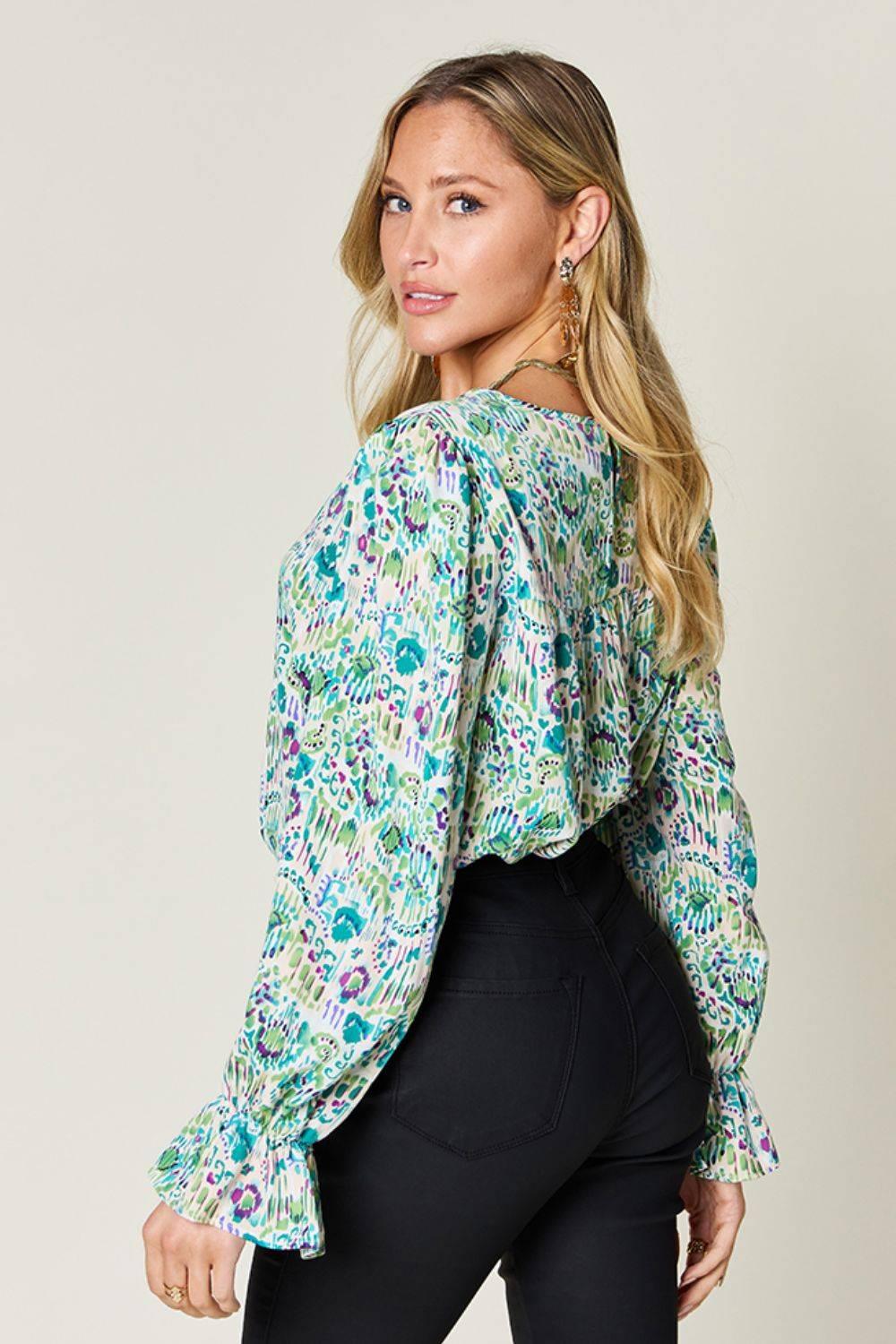 Double Take Full Size Printed Flounce Sleeve Blouse - Clothes For Her Online Store