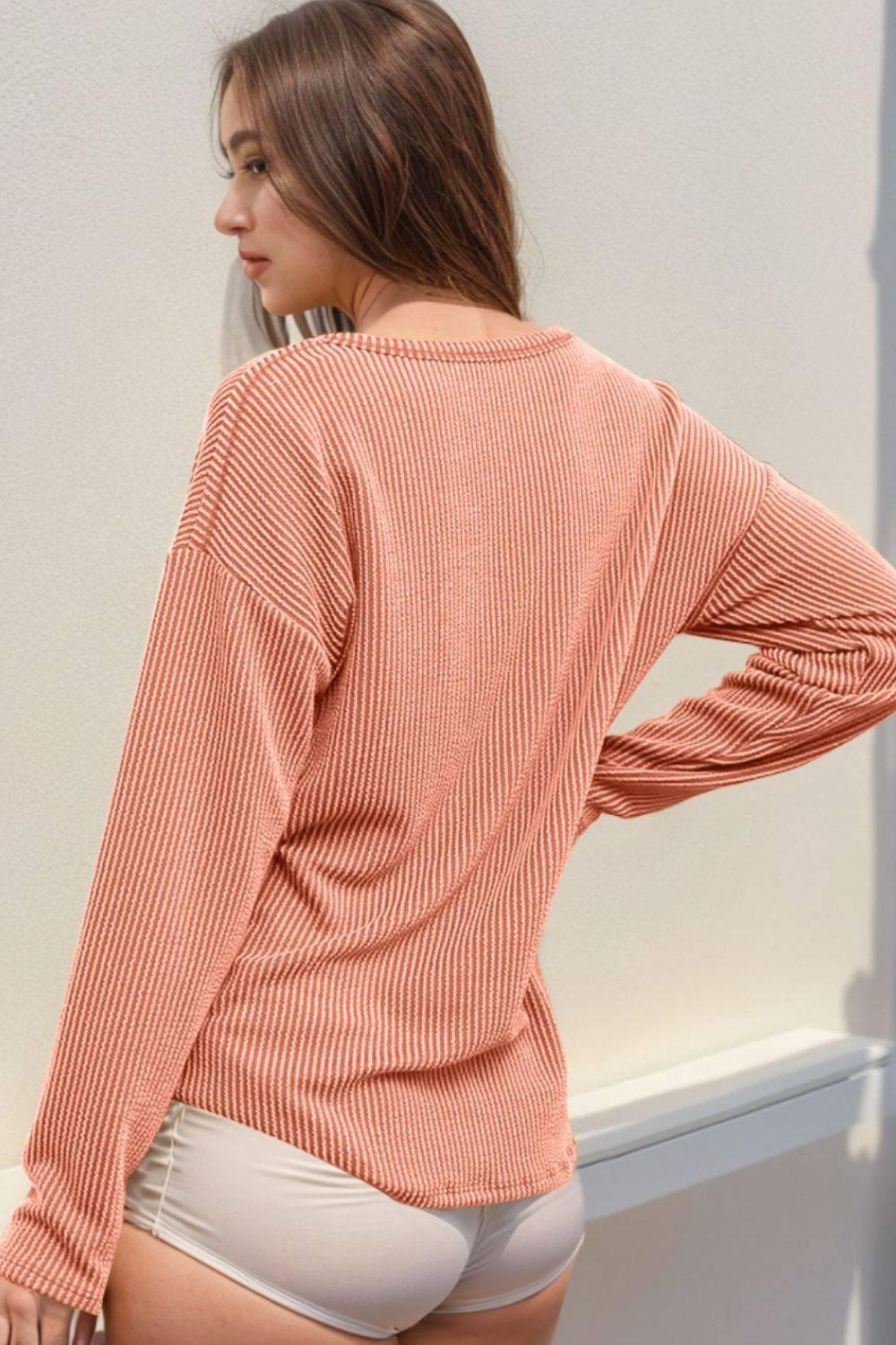 Double Take Striped Notched Long Sleeve T-Shirt - Clothes For Her Online Store