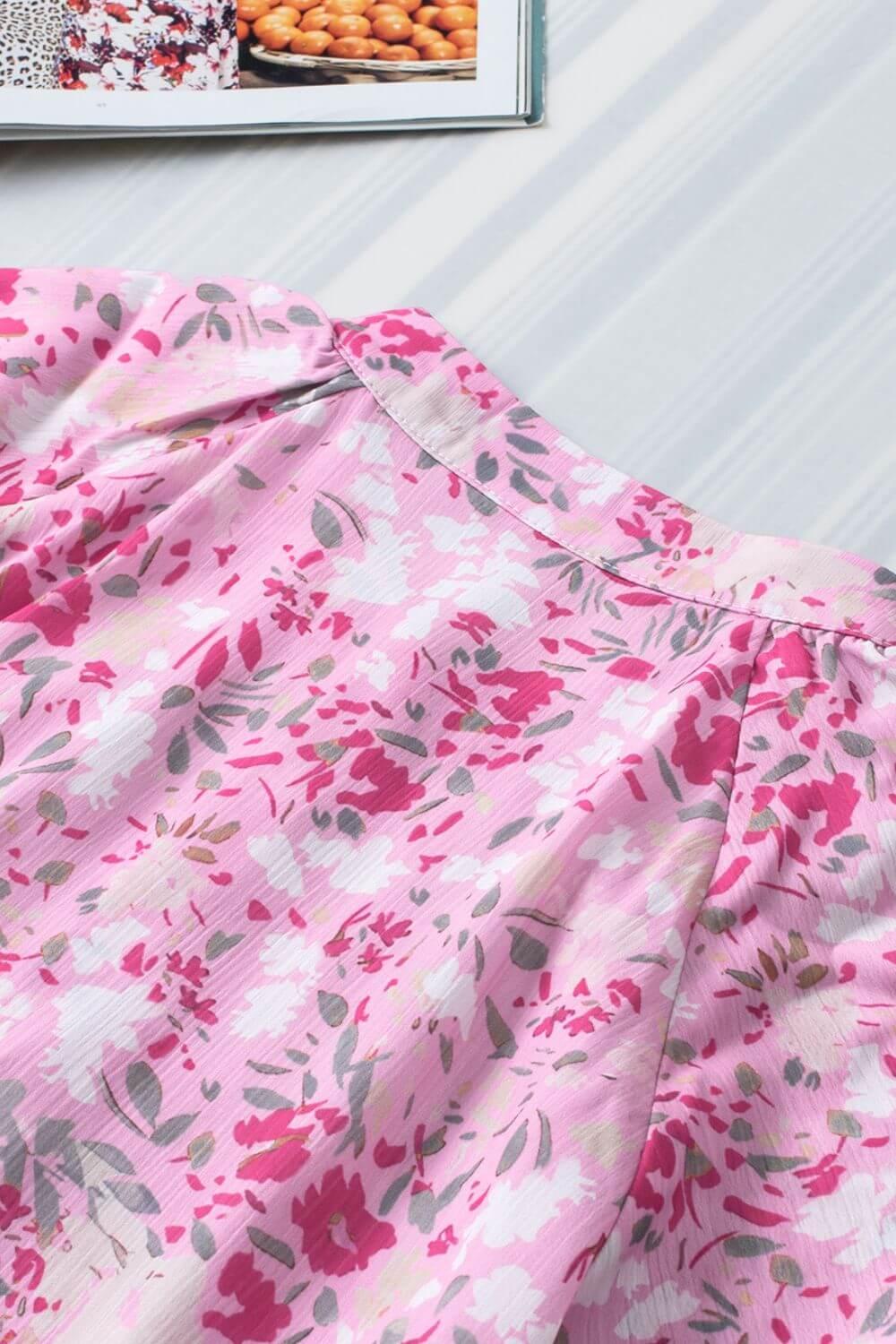 Floral Half Button Round Neck Short Sleeve Blouse - Clothes For Her Online Store