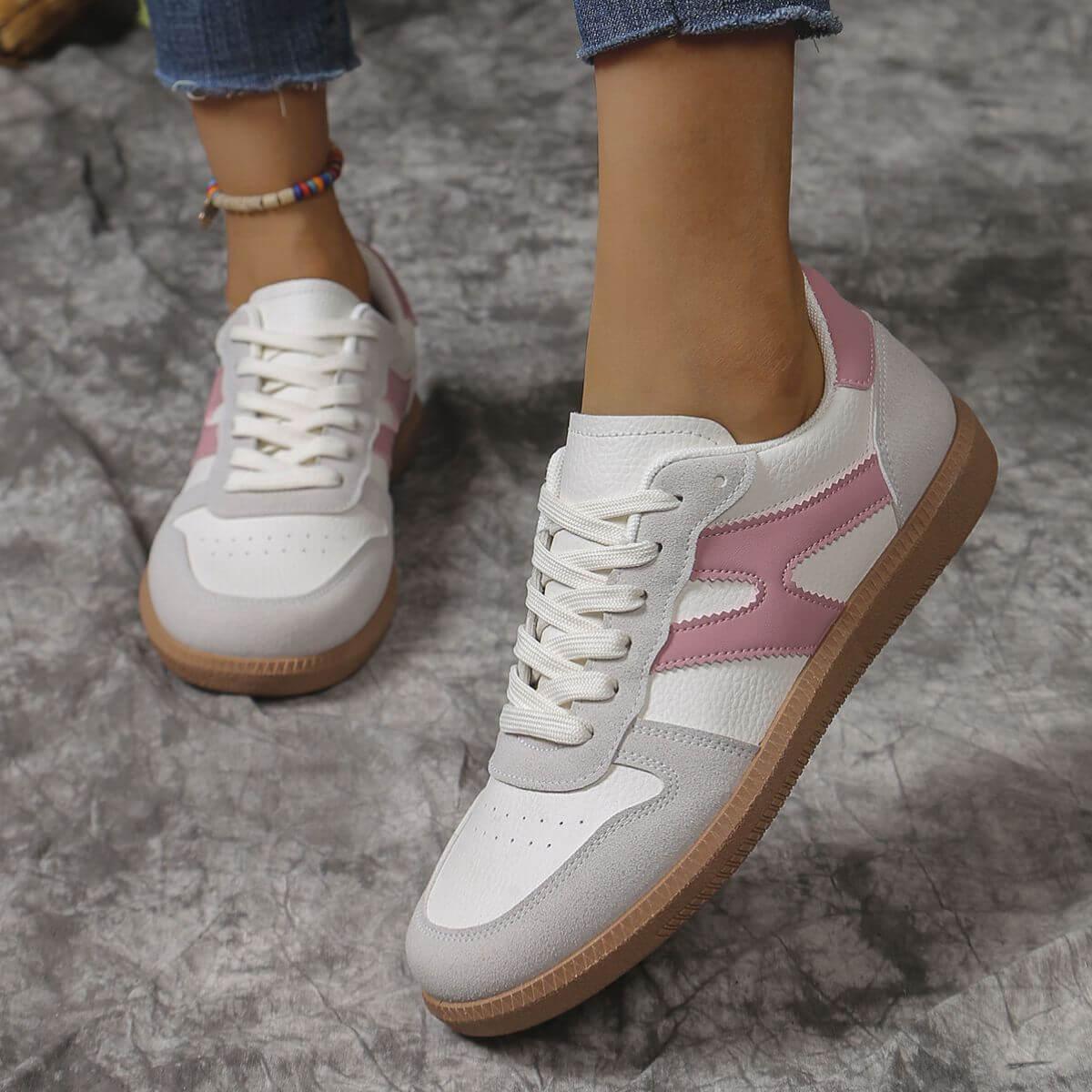 Contrast Lace Up Round Toe Flats Sneakers - Clothes For Her Online Store