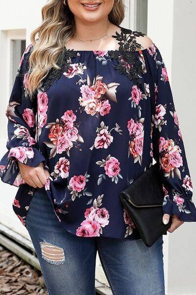 Plus Size Floral Flounce Sleeve Blouse - Clothes For Her Online Store