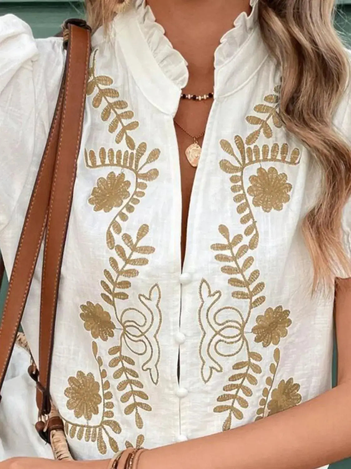 Embroidered Frill Notched Short Sleeve Blouse