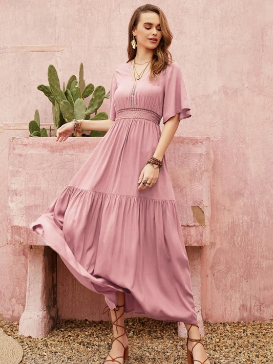 Lace Detail V-Neck Short Sleeve Dress