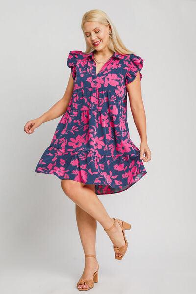 Umgee Full Size Floral Print Ruffle Cap Sleeve Tiered Dress Plus Size