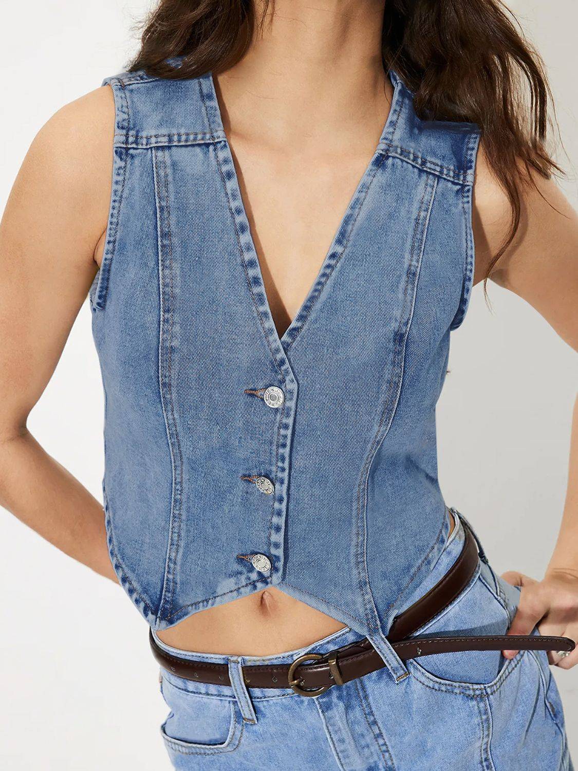 V-Neck Button Up Denim Vest