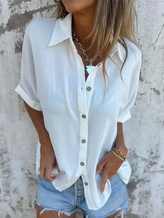 Full Size Collared Neck Half Sleeve Shirt Plus Size - Clothes For Her Online Store