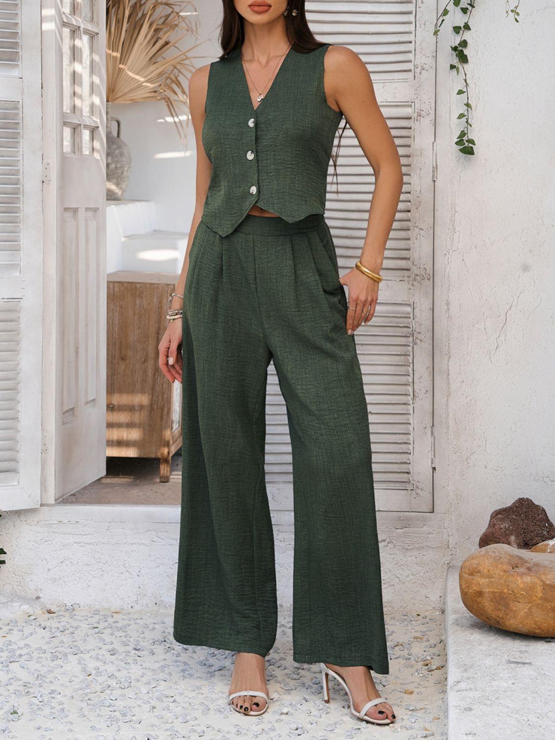 Devine Button Down Vest and Wide Leg Pants Set