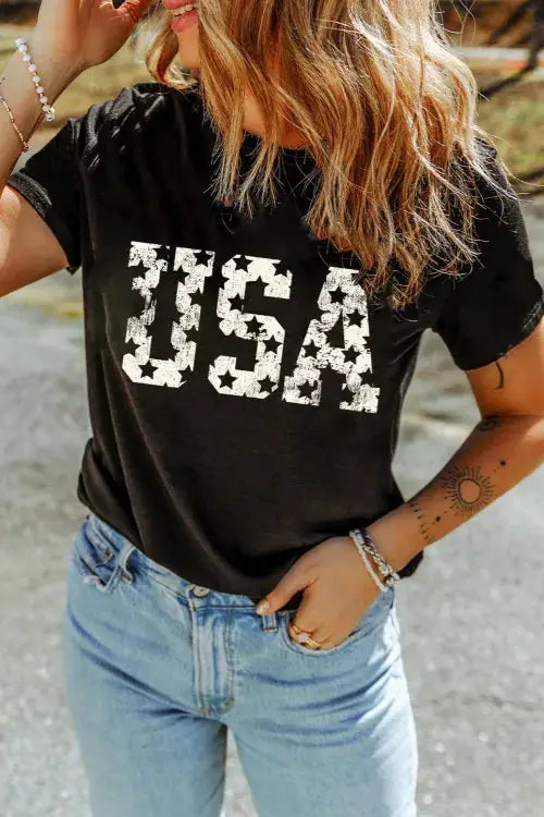 USA Round Neck Short Sleeve T-Shirt - Clothes For Her Online Store