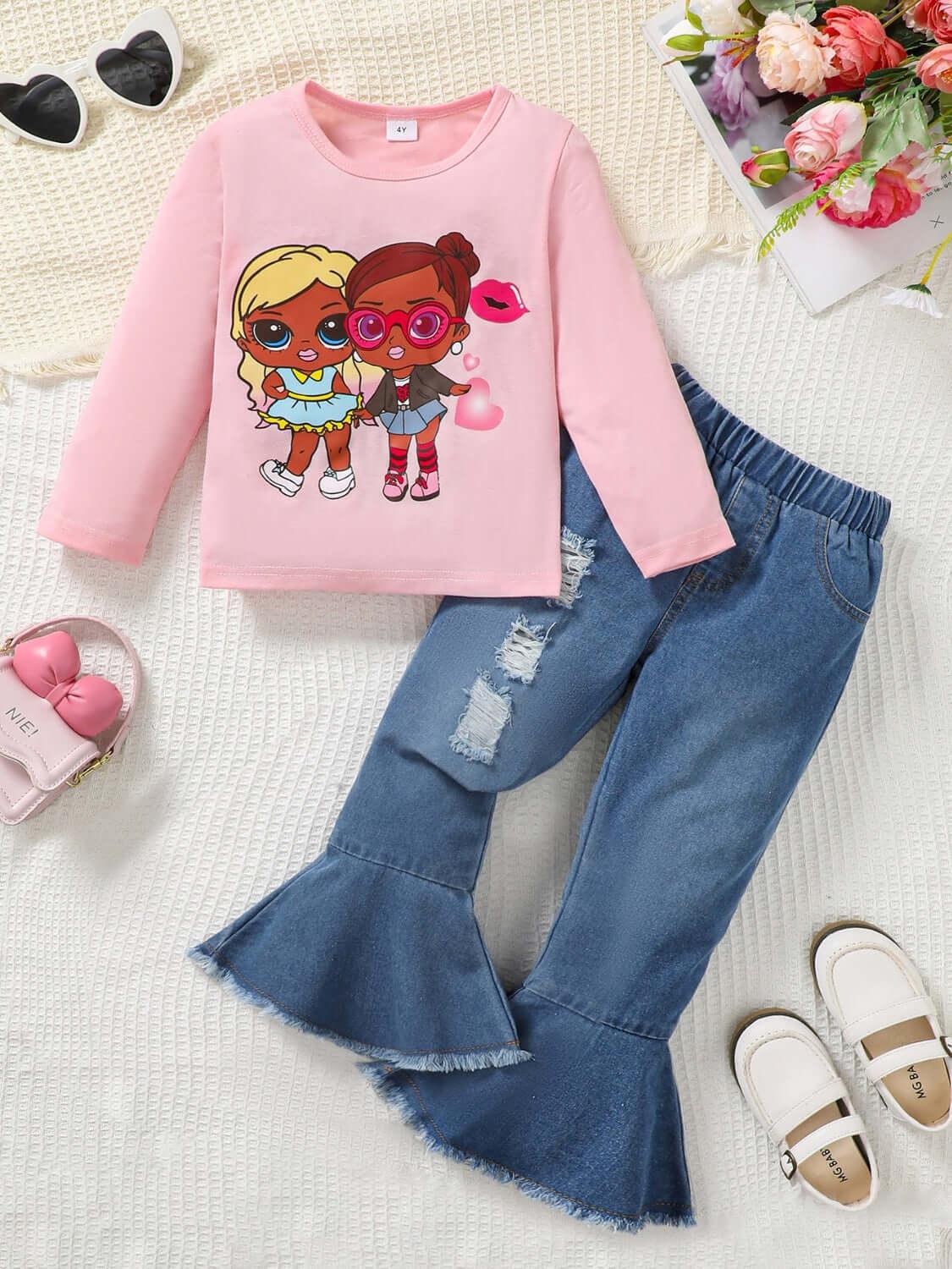 Children's Round Neck Graphic Top and Pants Set