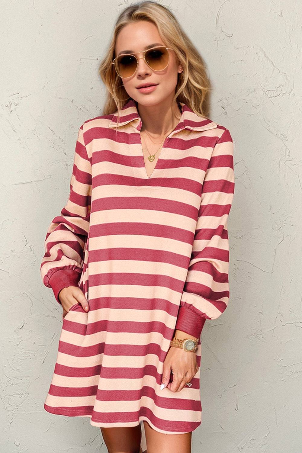 Double Take Full Size Striped Contrast Collared Neck Long Sleeve Dress - Clothes For Her Online Store