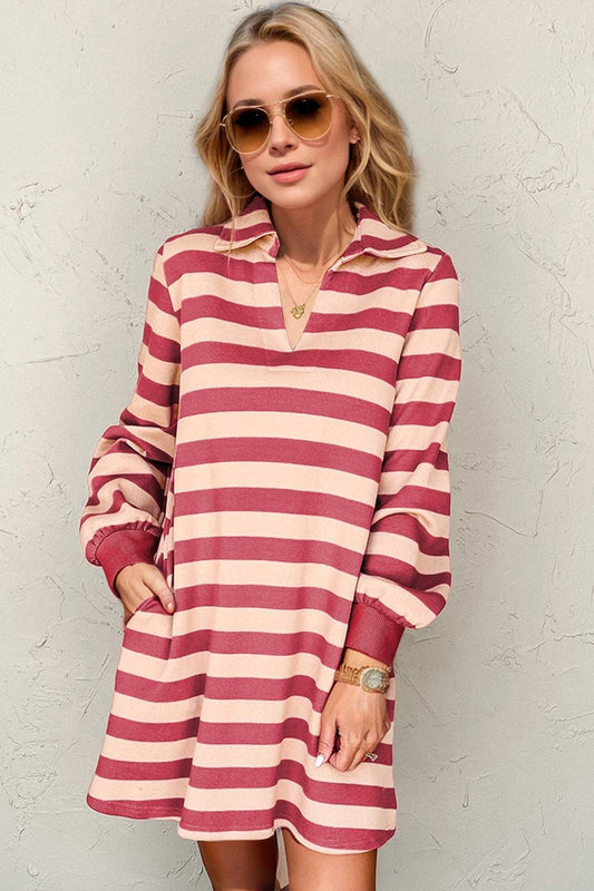 Double Take Full Size Striped Contrast Collared Neck Long Sleeve Dress - Clothes For Her Online Store