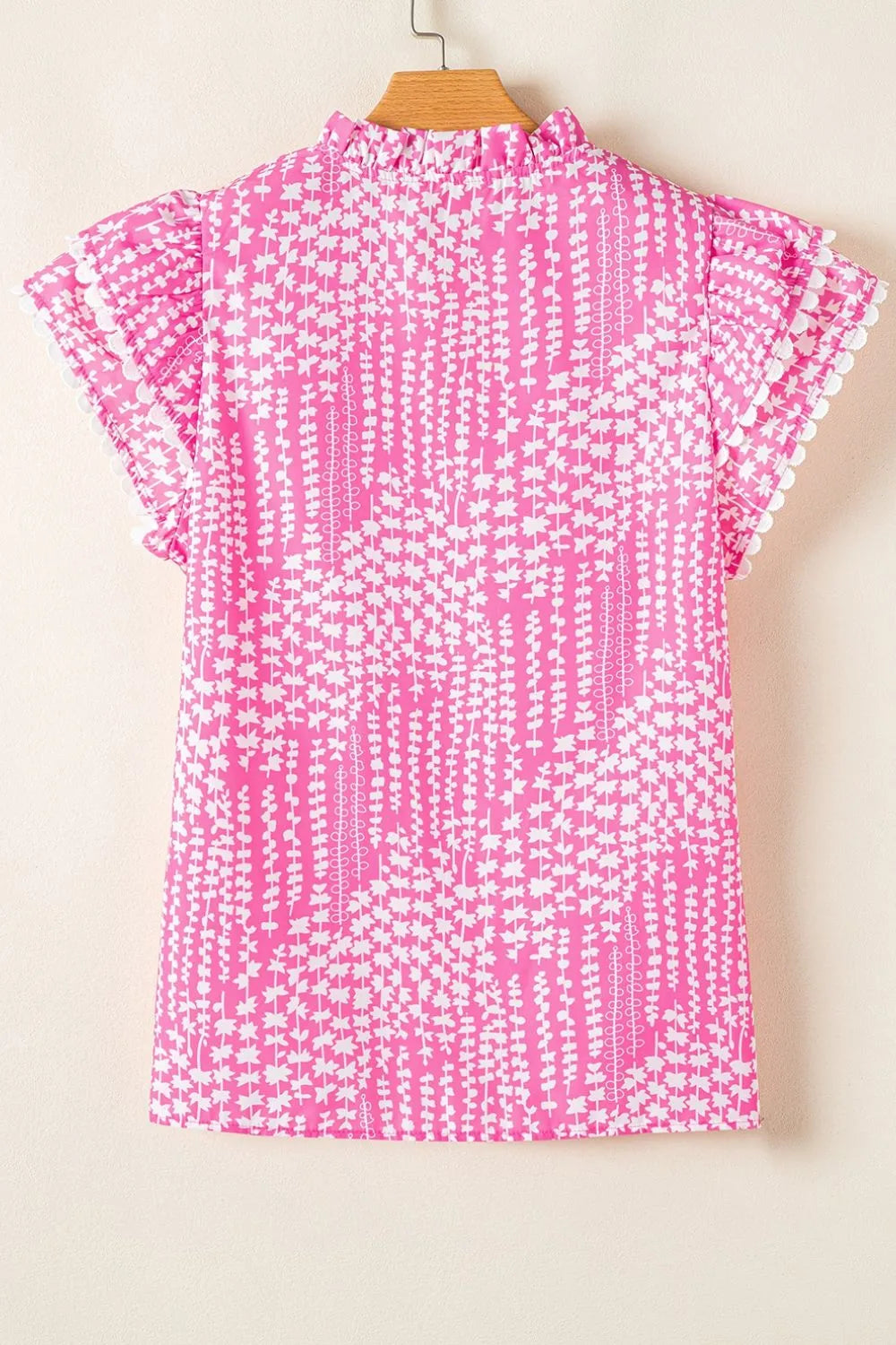 Abstract Print Ric Rac Trim Flutter Sleeve Notched Blouse