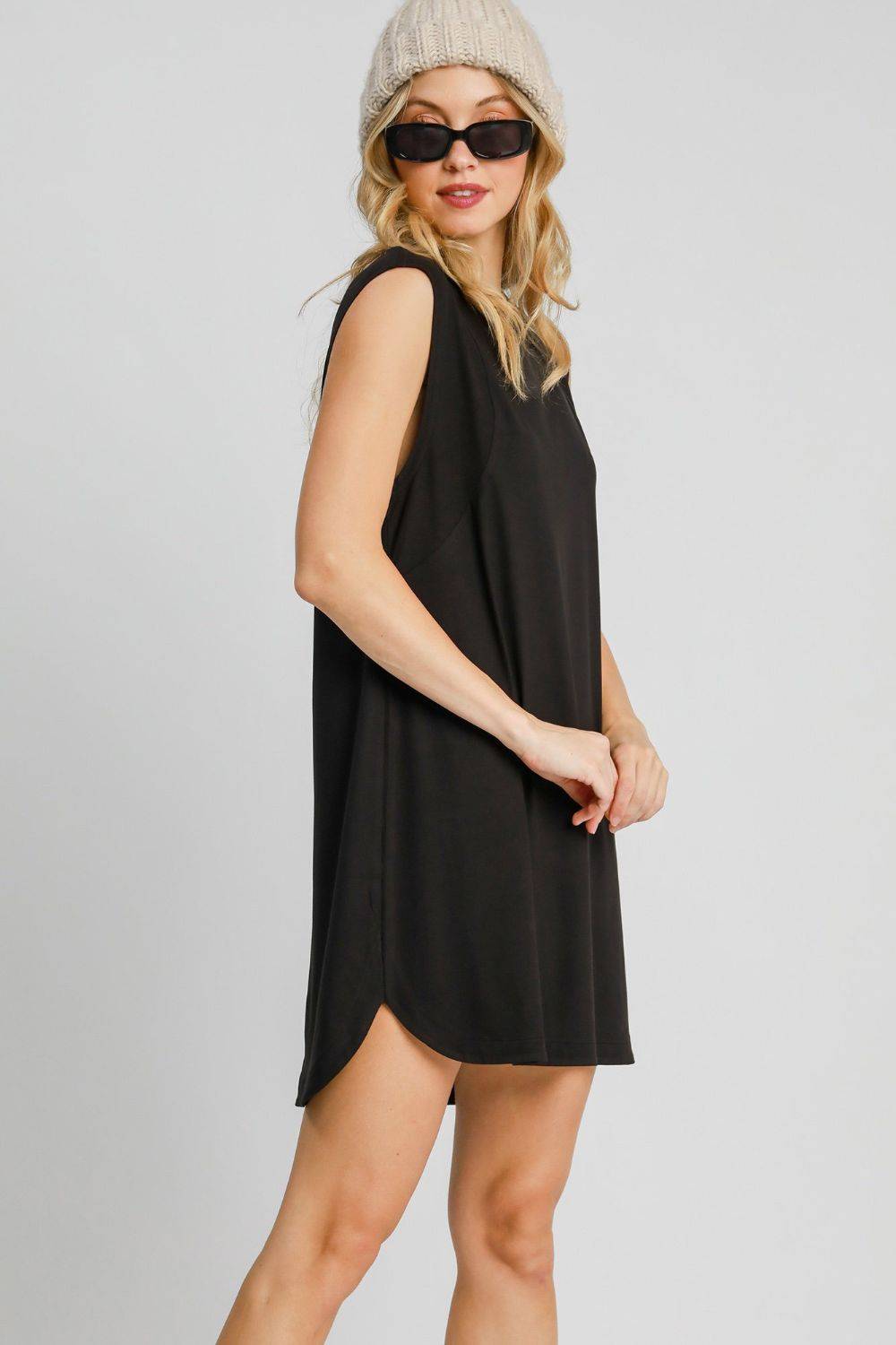 Umgee Round Neck Sleeveless High-Low Curved Hemline Mini Dress - Clothes For Her Online Store