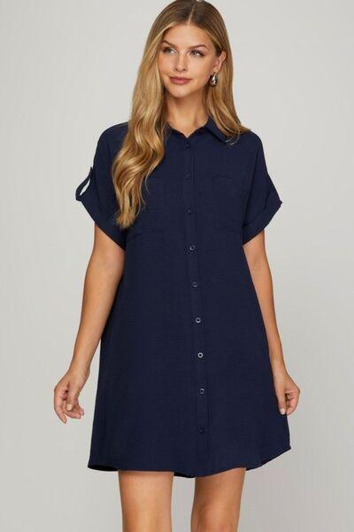 She + Sky Full Size Button Down Short Sleeve Woven Shirt Dress Plus Size - Clothes For Her Online Store