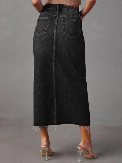 Raw Hem Front Slit Denim Midi Skirt