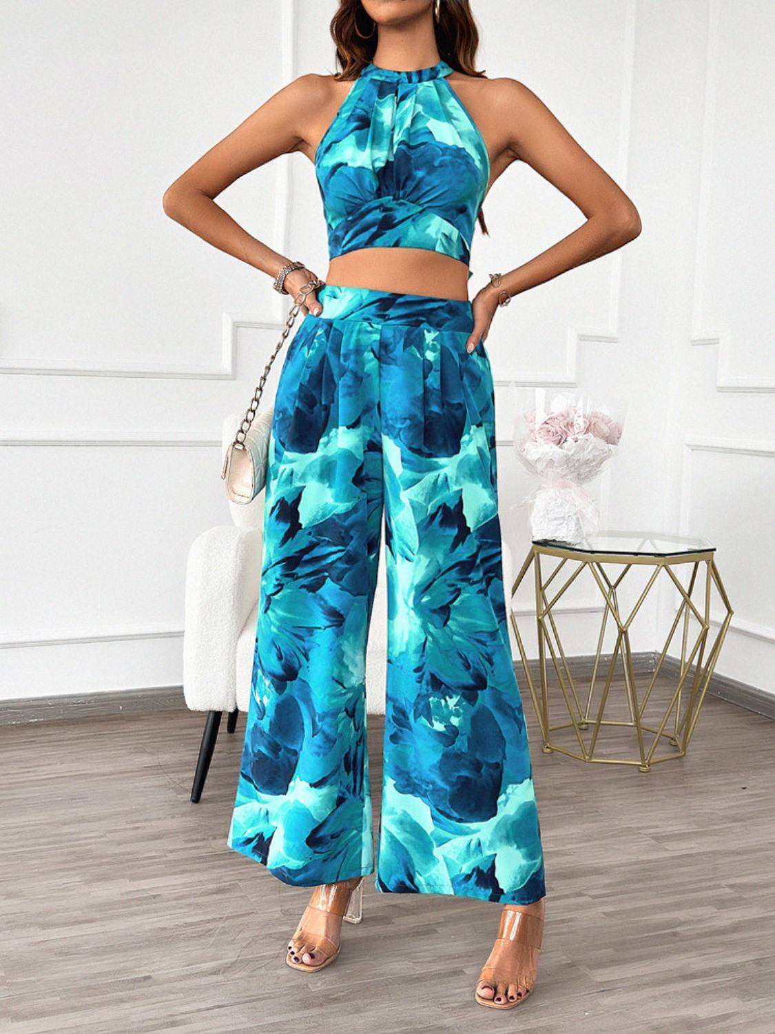 Devine Printed Halter Neck Top and Pants Set