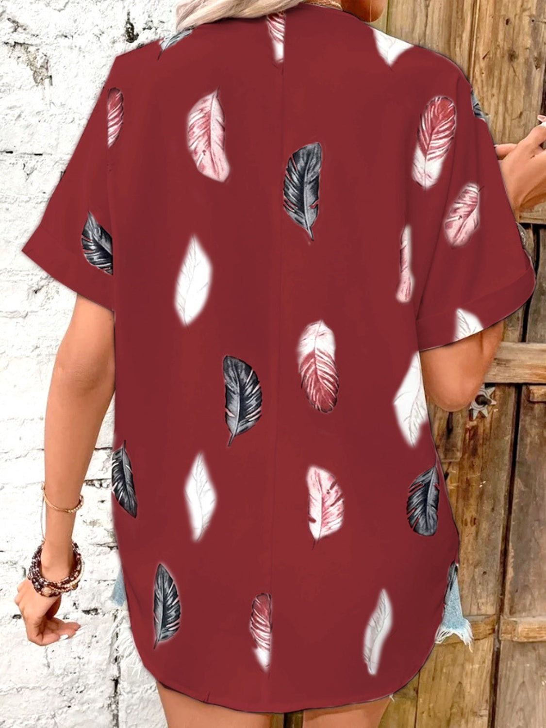 Full Size Printed Collared Neck Short Sleeve Blouse - Clothes For Her Online Store