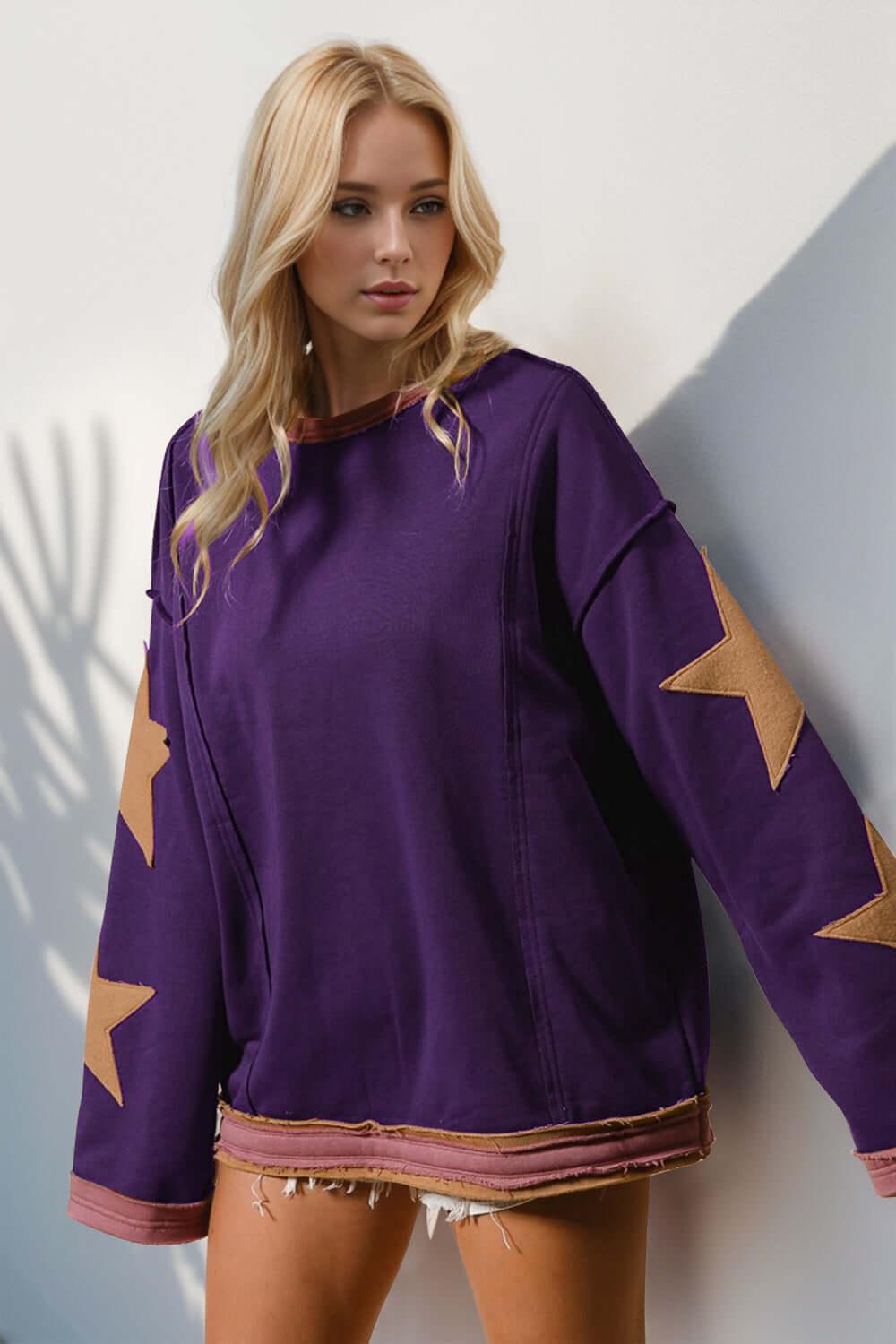 Double Take Star Patched Long Sleeve Sweatshirt - Clothes For Her Online Store