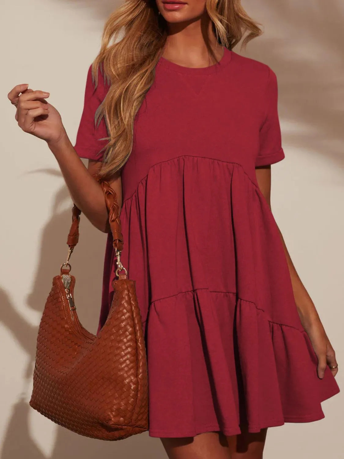 Tiered Round Neck Short Sleeve Mini Dress