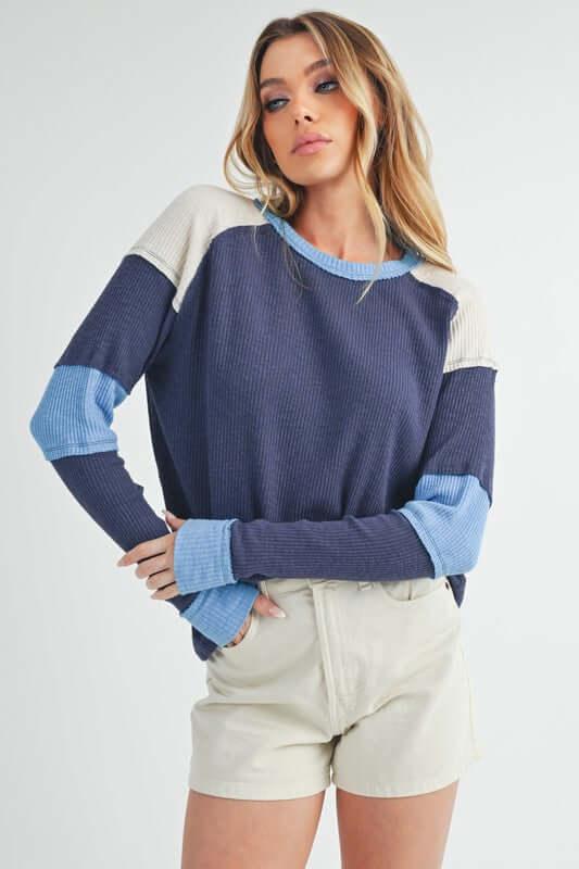 Aemi + Co Raw Seam Color Block Round Neck Knit Top