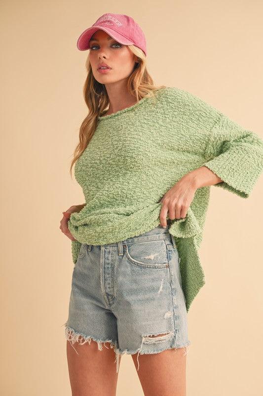 Aemi + Co Side Slit Ribbed Hem Round Neck Sweater - Clothes For Her Online Store