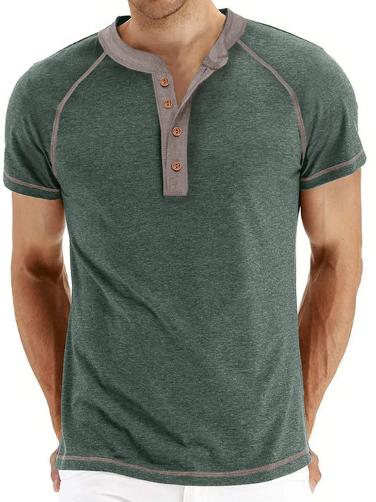 Men's Casual Henley Polo T-Shirt with Contrast Stitching