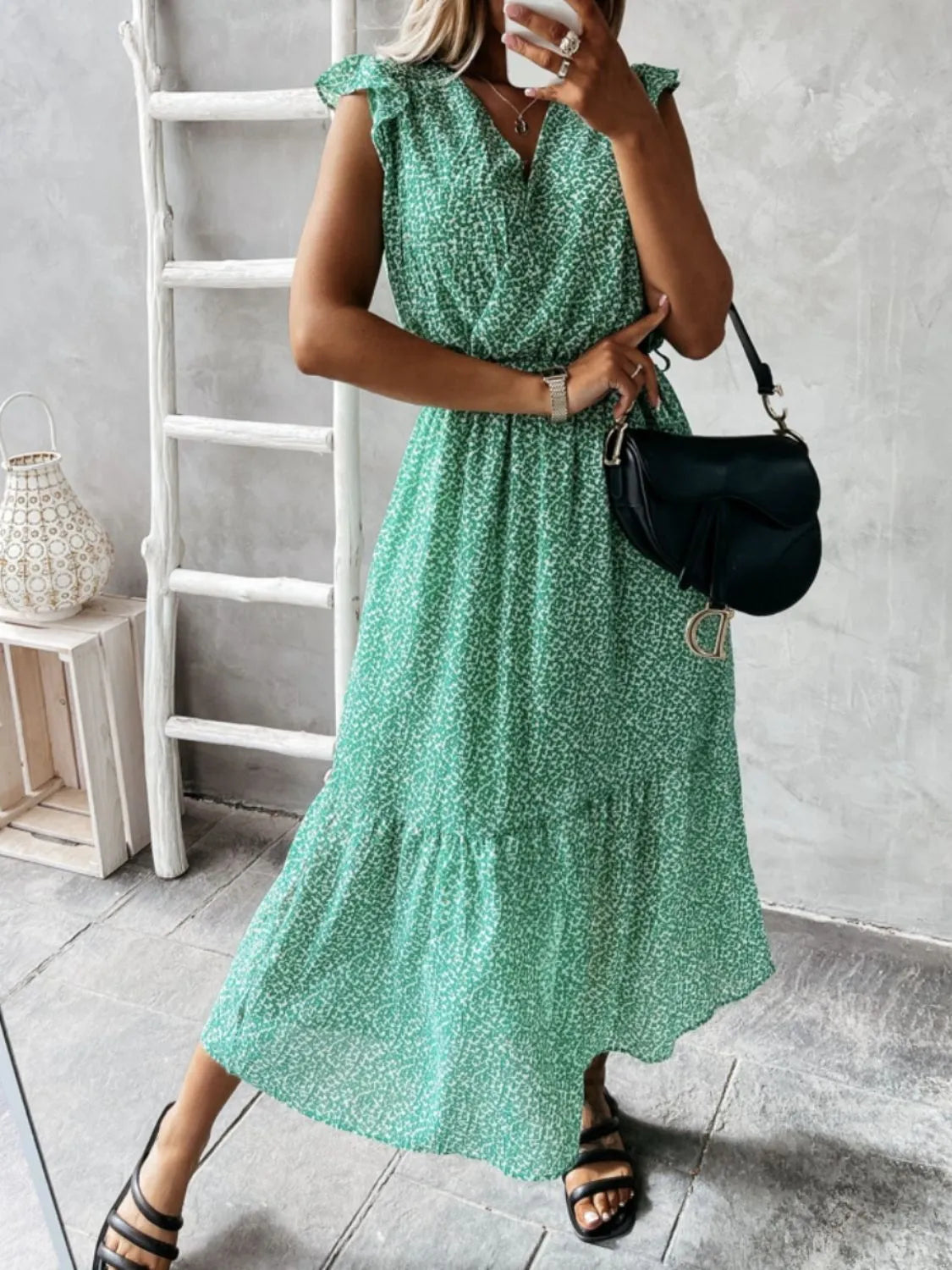 Ruffled Surplice Printed Cap Sleeve Dress