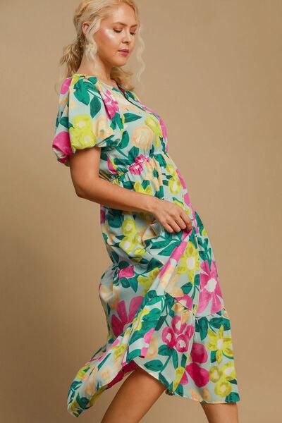 Umgee Full Size Tiered Floral Print Notched Puff Sleeve Midi Dress Plus Size - Clothes For Her Online Store