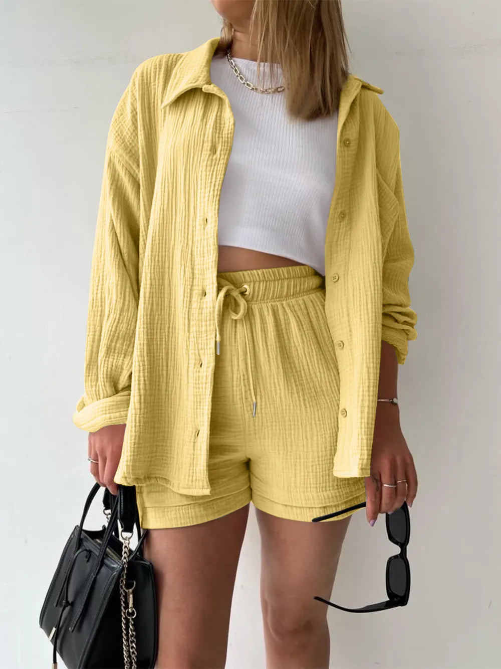 Texture Button Up Shirt and Drawstring Shorts Set - Clothes For Her Online Store