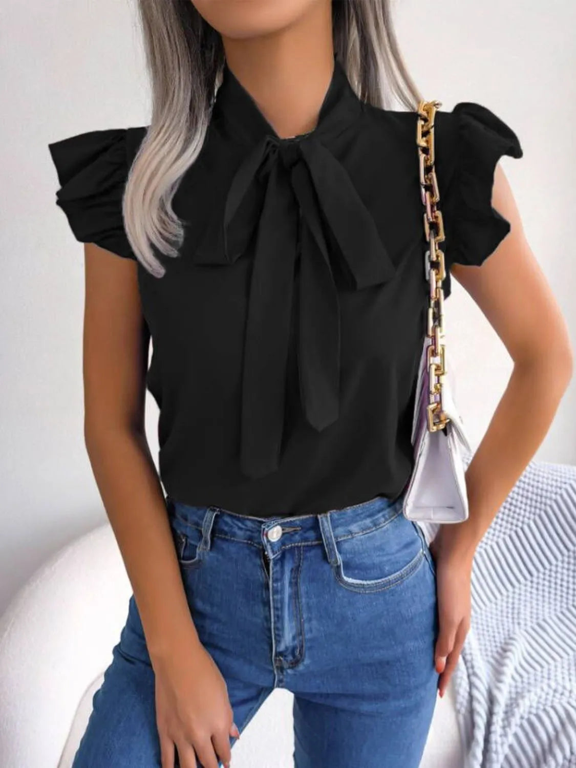Ruffle Cap Sleeve Bow Tie Blouse