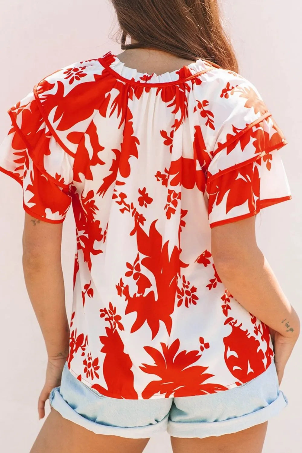 Plant Print Tiered Ruffled Sleeve Tie Neck Blouse