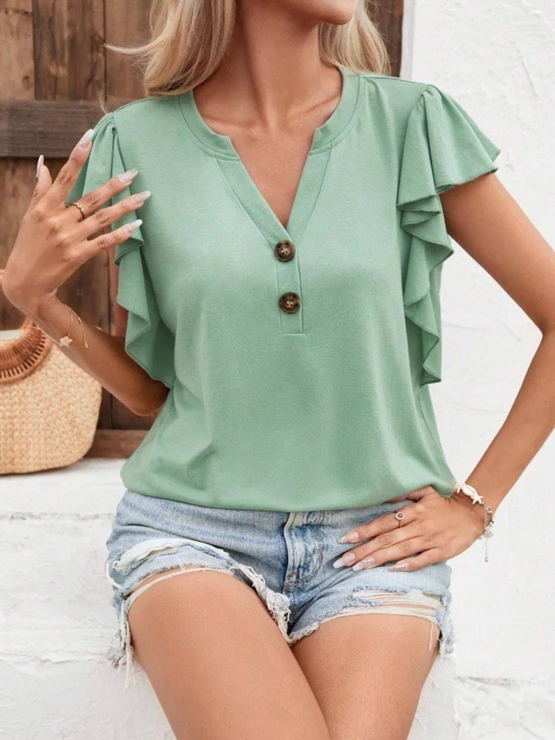 Full Size Ruffled Notched Cap Sleeve T-Shirt - Clothes For Her Online Store