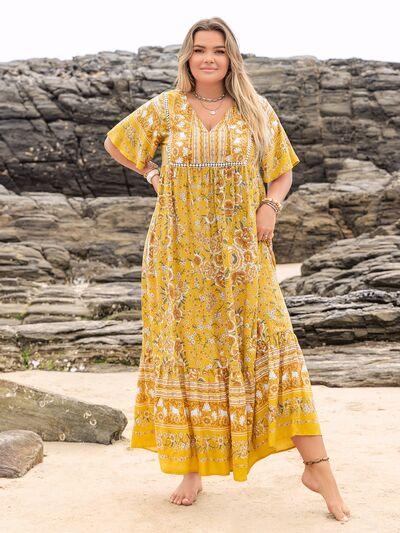 Plus Size Floral Tie Neck Flutter Sleeve Maxi Dress - Clothes For Her Online Store