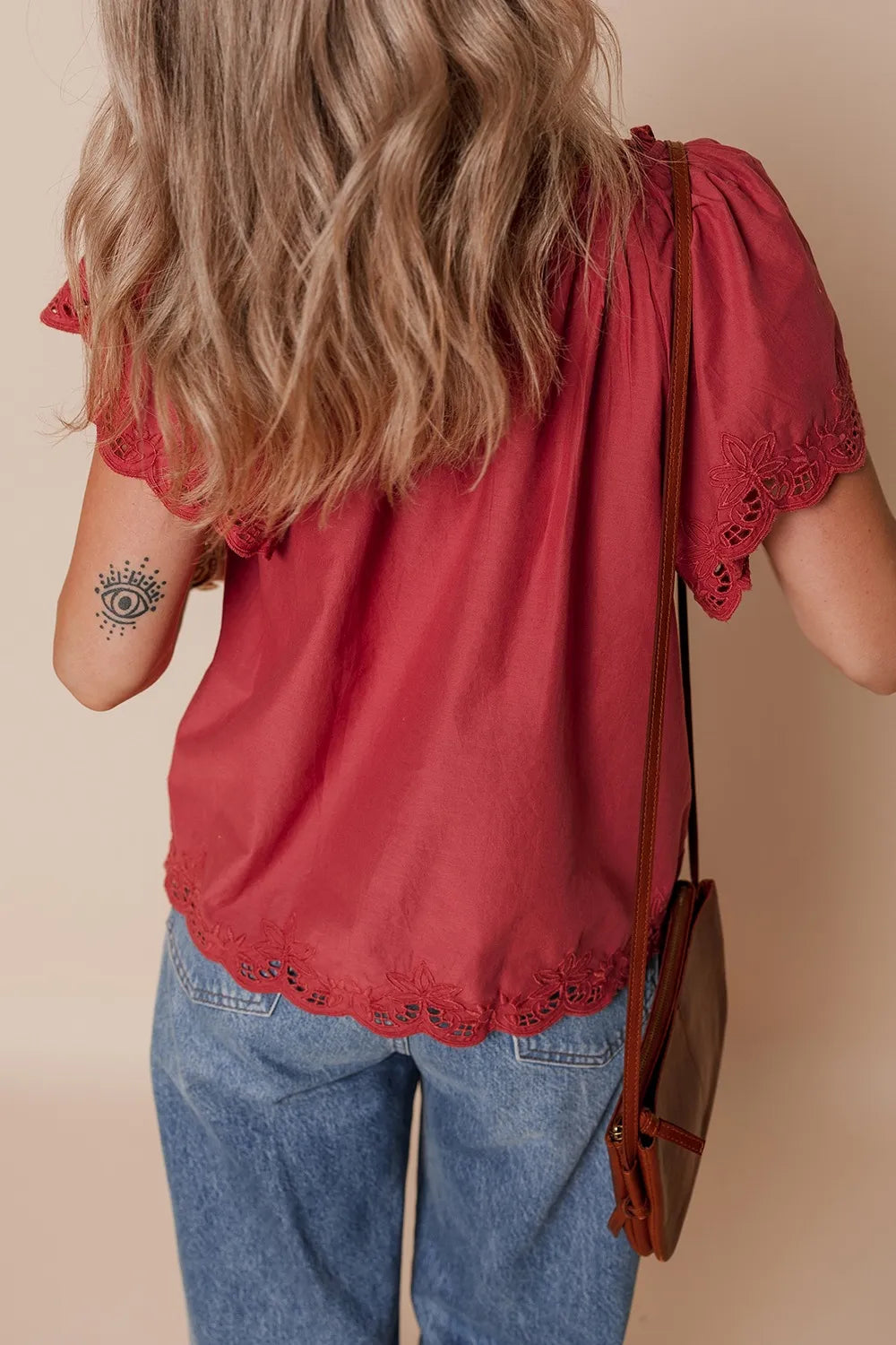 Floral Embroidered Scallop Trim Short Sleeve Notched Blouse