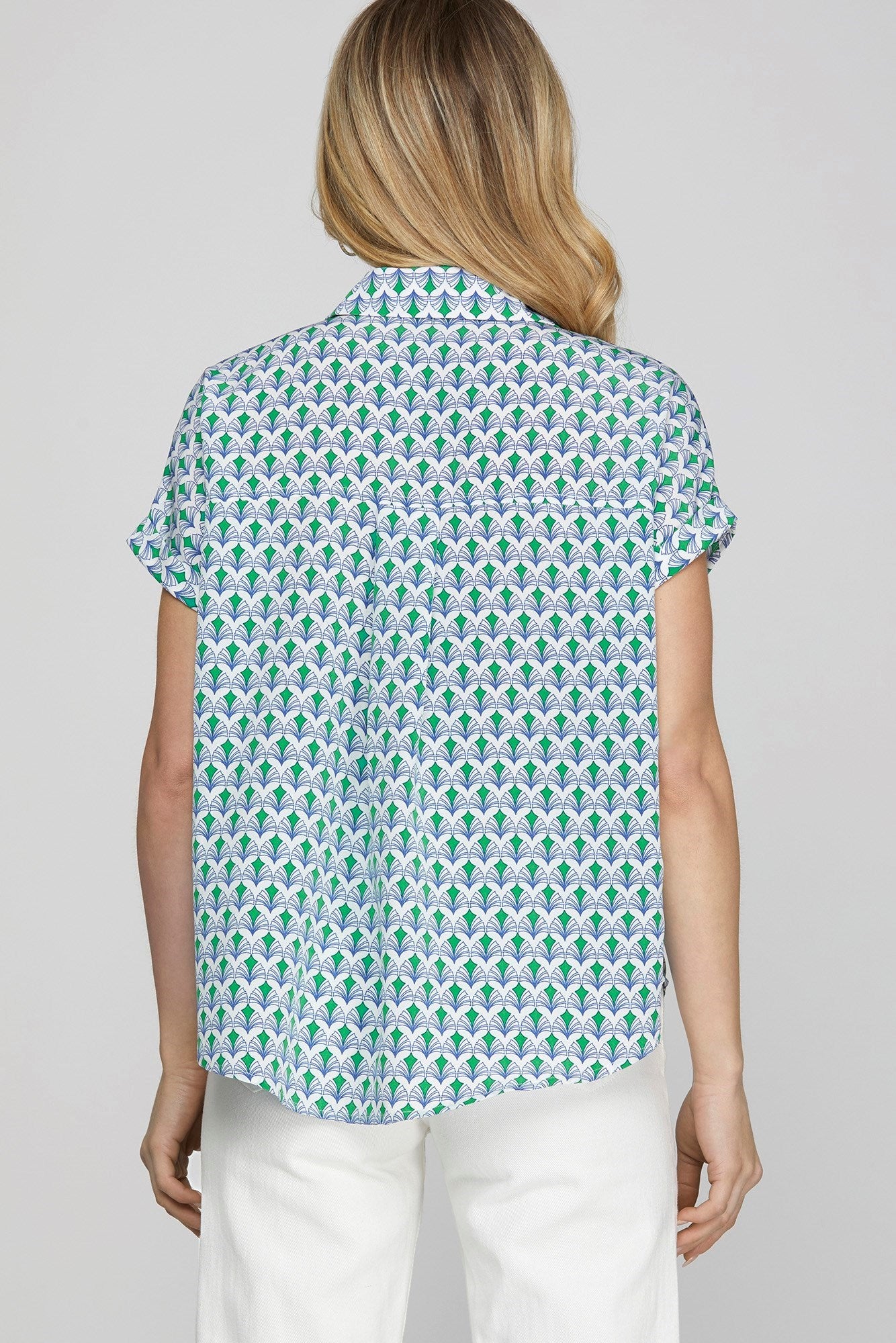 She + Sky Full Size Printed Johnny Collar Short Sleeve Blouse Plus Size - Clothes For Her Online Store