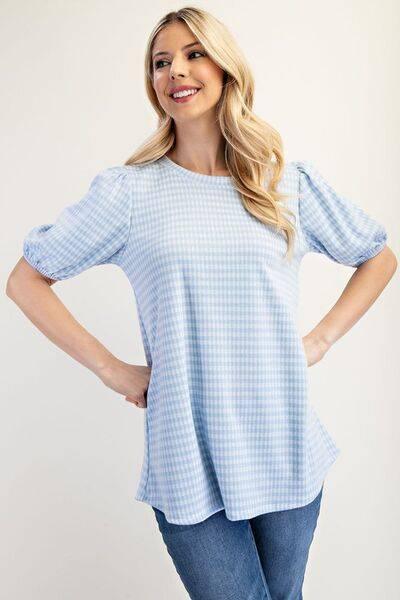 Celeste Full Size Gingham Print Top With Puff Sleeves Plus Size