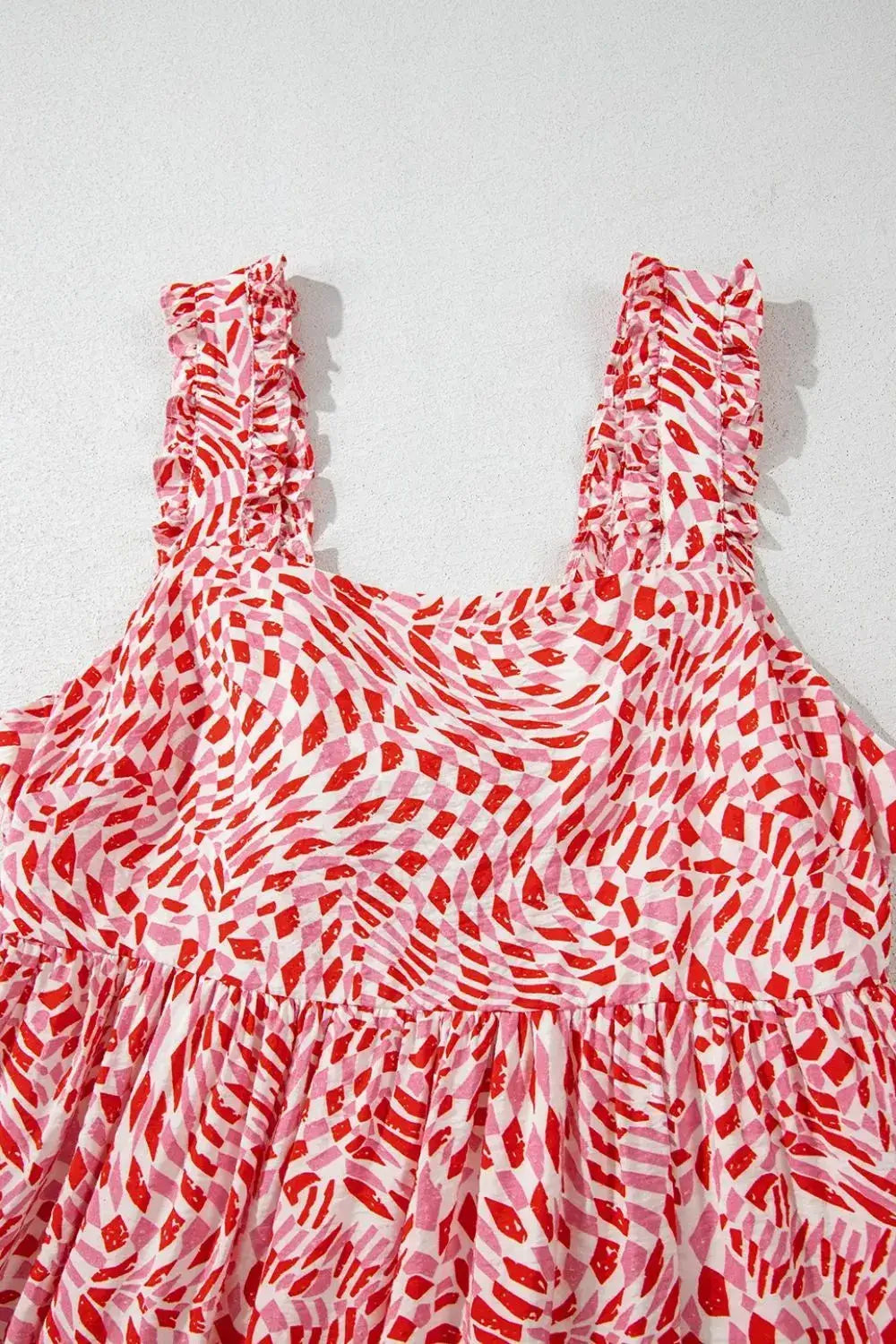 Geometric Print Knot Back Sleeveless Ruffle Hem Dress