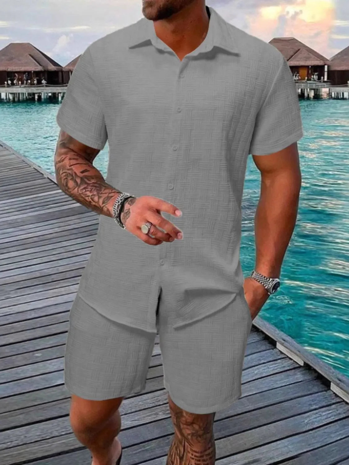 Men's Collared Neck Short Sleeve Top and Shorts Set