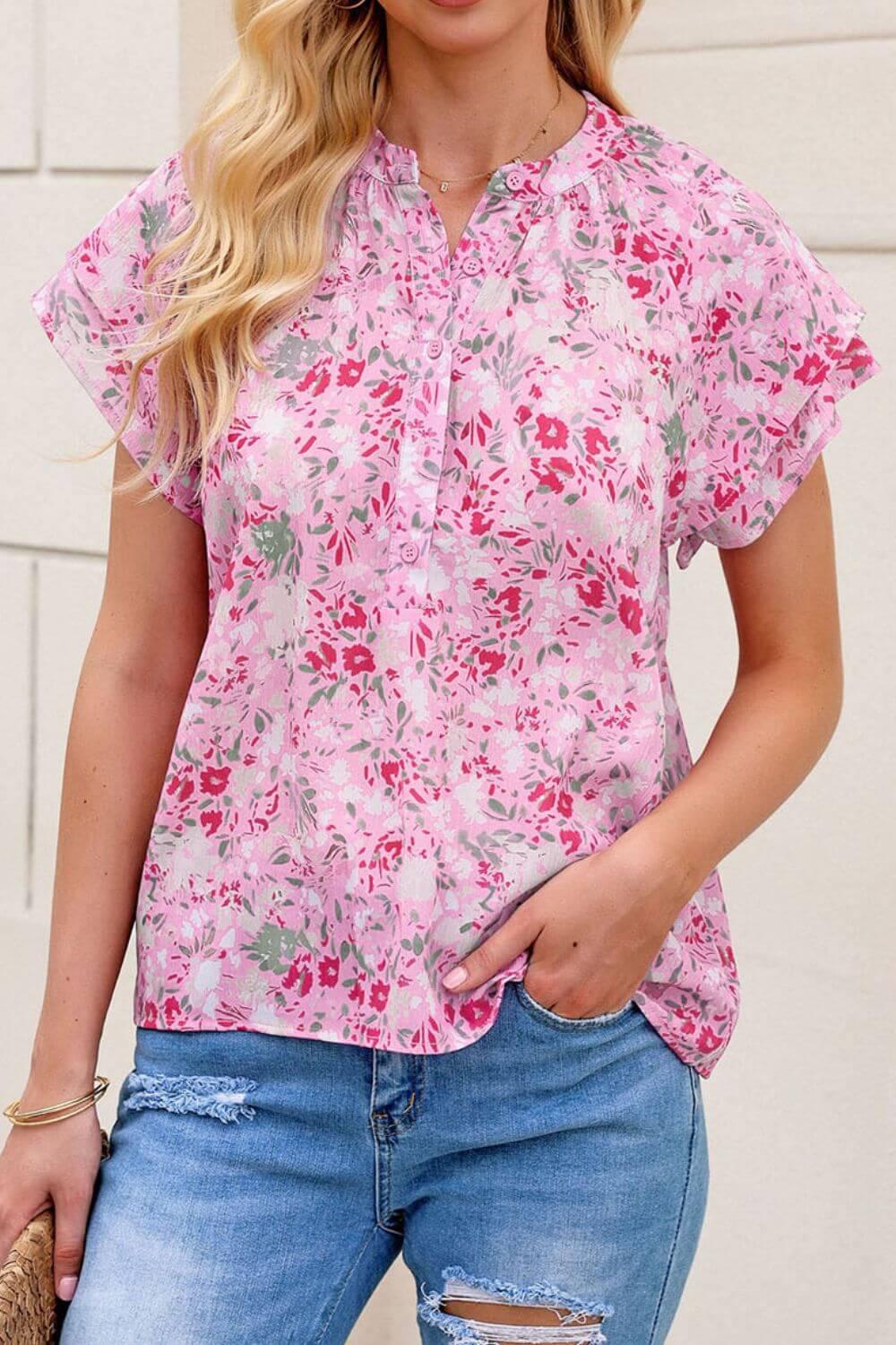 Floral Half Button Round Neck Short Sleeve Blouse