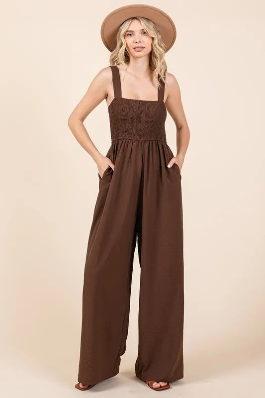 Mittoshop Smocked Wide Strap Wide Leg Overalls - Clothes For Her Online Store