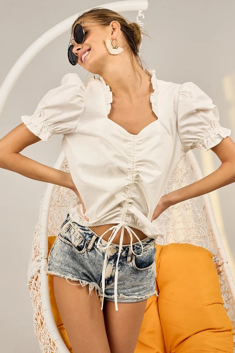 BiBi Ruffled Square Neck With Front Ruched Puff Sleeve