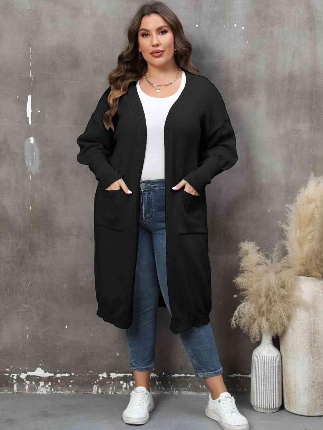 Plus Size Long Sleeve Pocketed Cardigan - Clothes For Her Online Store
