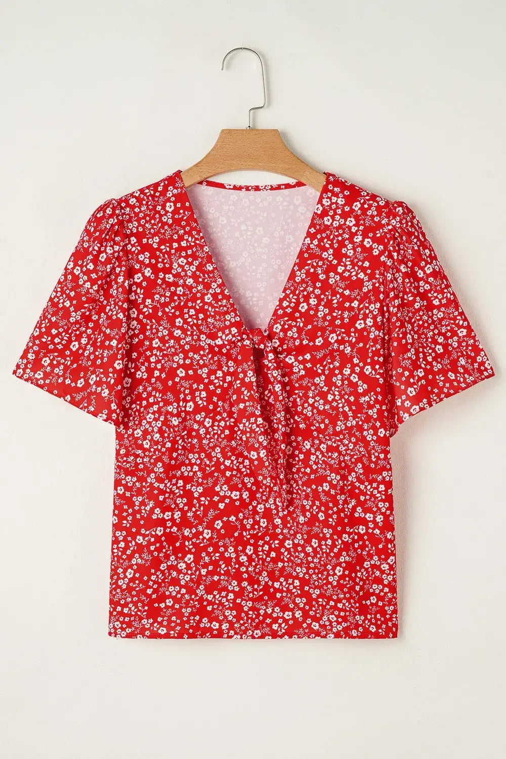 Boho Floral Printed Half Sleeve Knotted V Neck Blouse